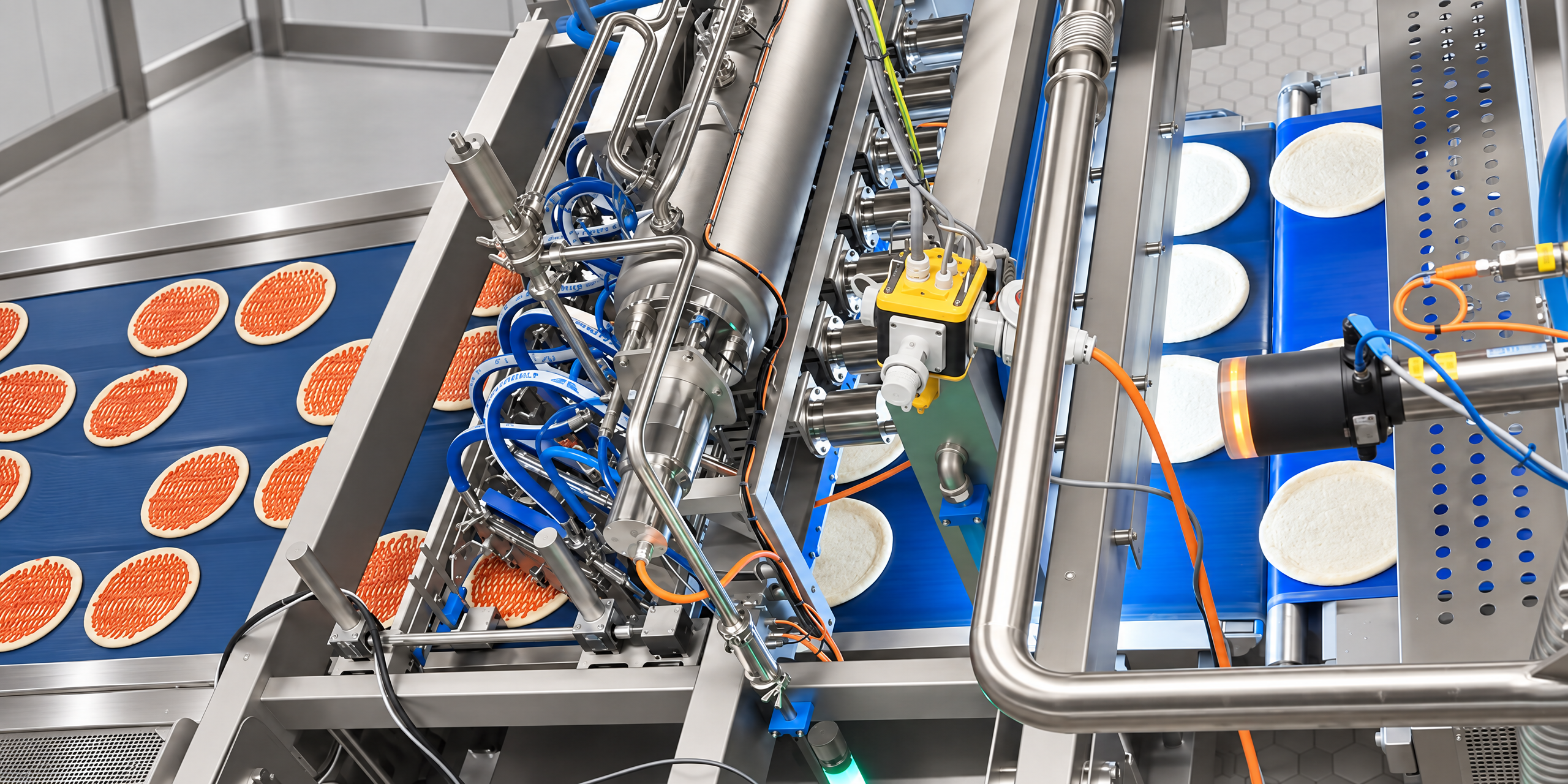 FoodJet depositor above a production line, depositing sauce onto pizza bases on a blue conveyor belt