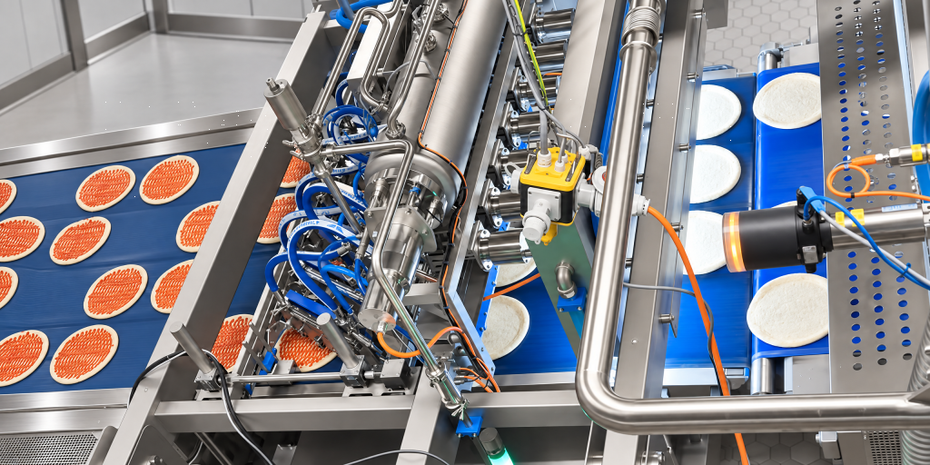 FoodJet depositor above a production line, depositing sauce onto pizza bases on a blue conveyor belt
