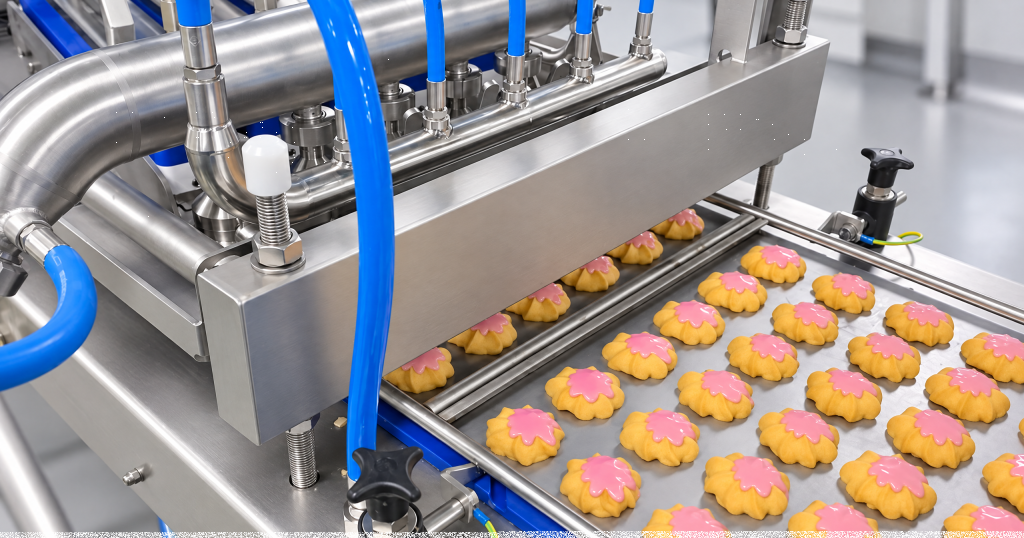 Depositing head placing a pink topping on flower-shaped cookies on a tray