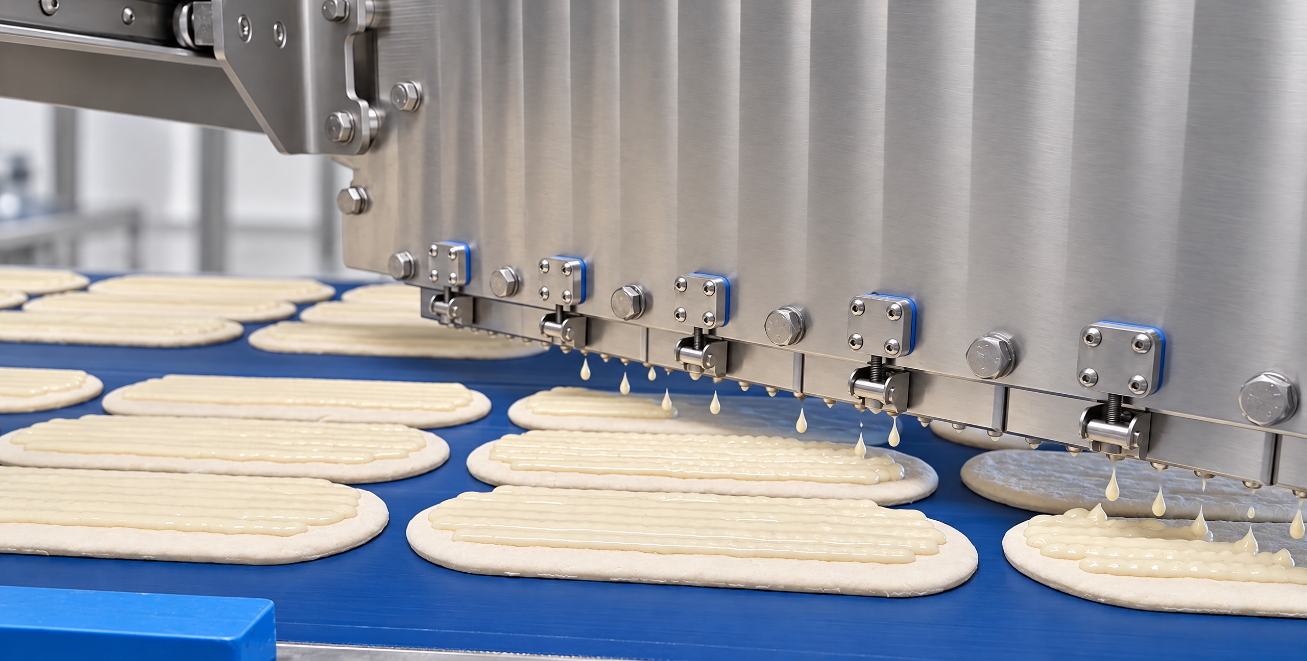 Depositing heads placing white sauce in lines on rows of flatbreads on a conveyor
