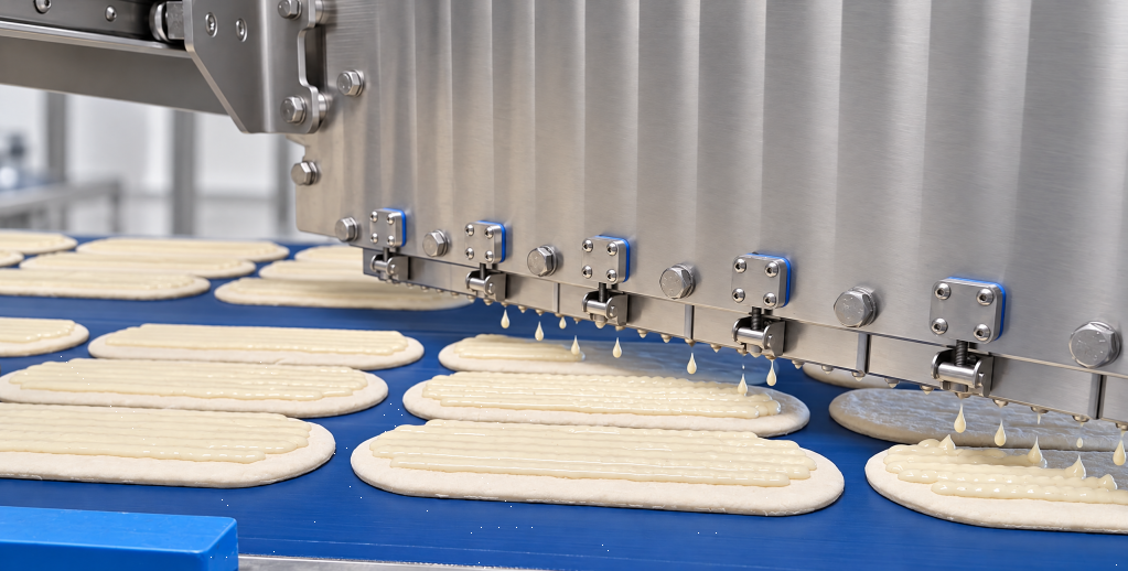 Depositing heads placing white sauce in lines on rows of flatbreads on a conveyor