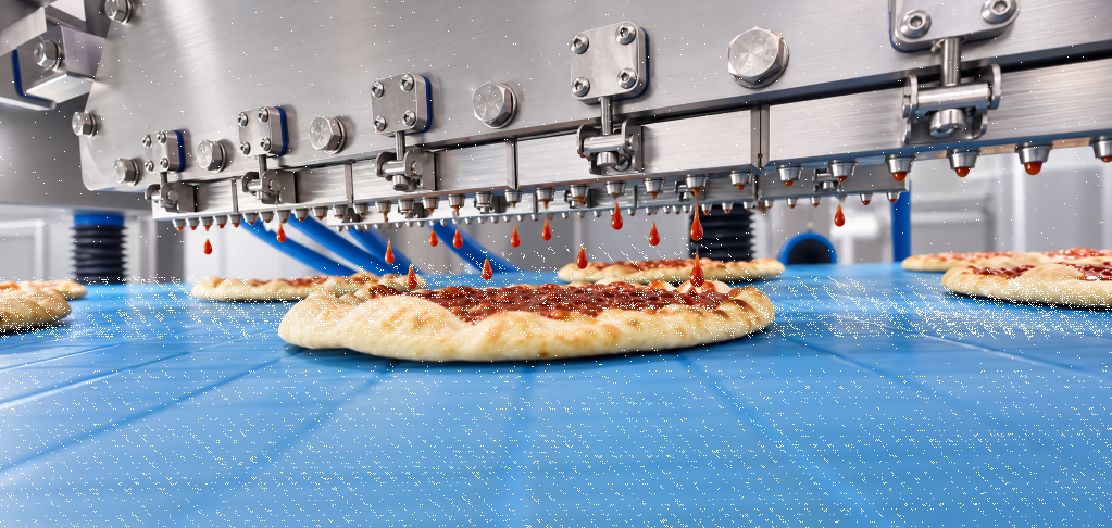 Depositing heads placing tomato sauce in drops on a pizza base on a blue conveyor, seen from a low angle