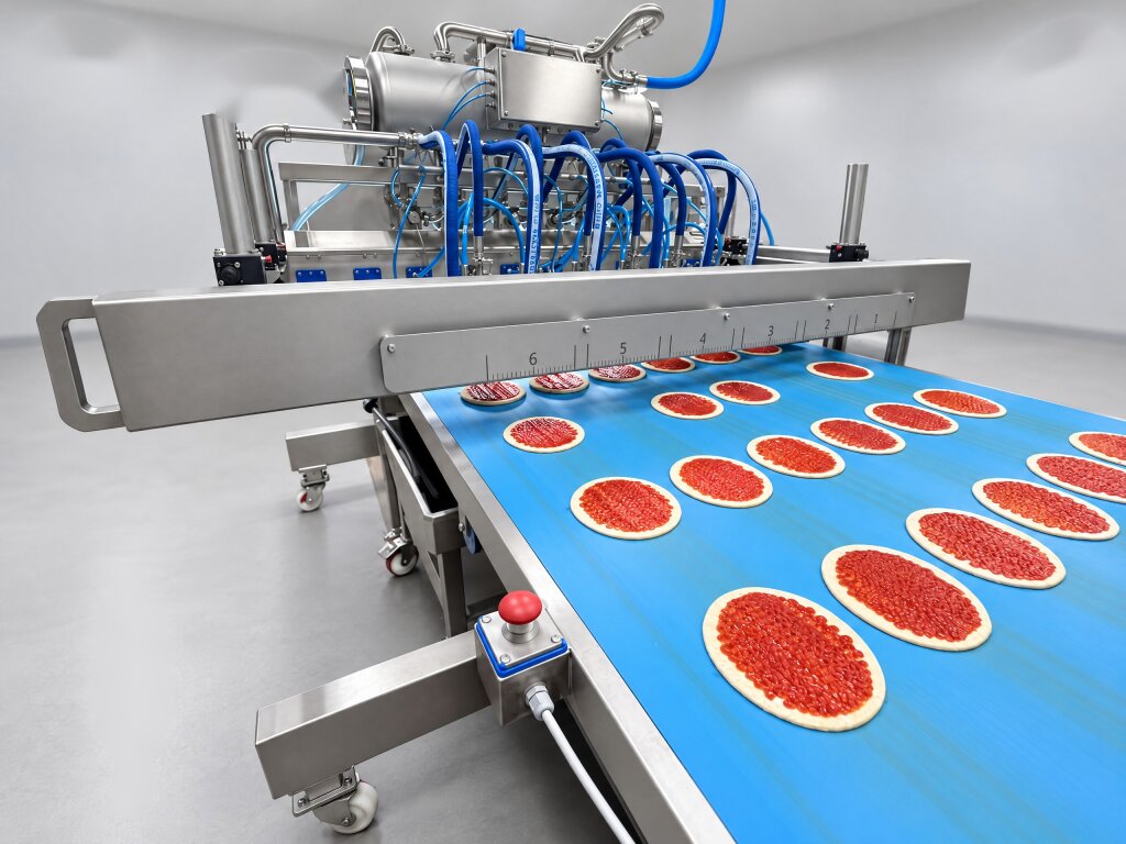 Overview of a pizza production line with a FoodJet depositing head