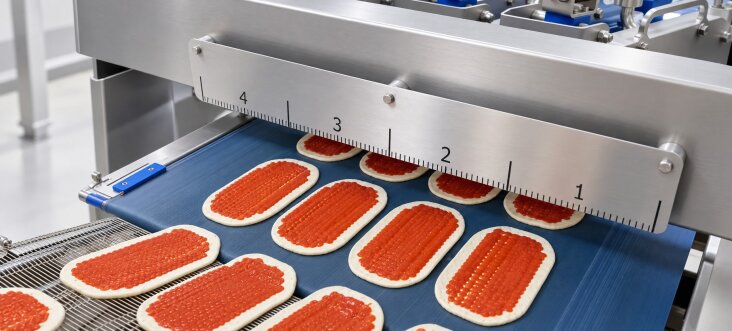 Oval pizza bases with rows of tomato sauce beads under the depositor hood