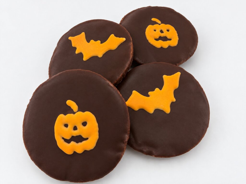 Four chocolate-coated biscuits with an orange pumpkin or bat, seen from above