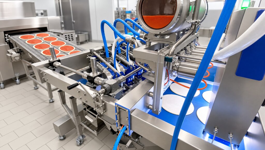 Overview of a FoodJet pizza sauce depositor with a sight glass above the conveyor