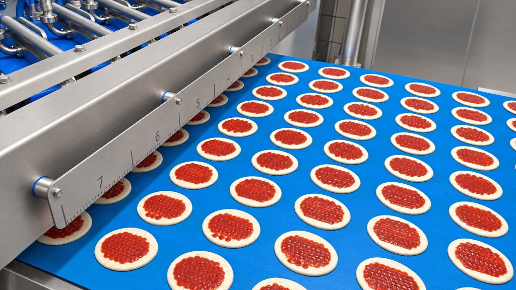 Mini pizza bases on a conveyor under a depositing head