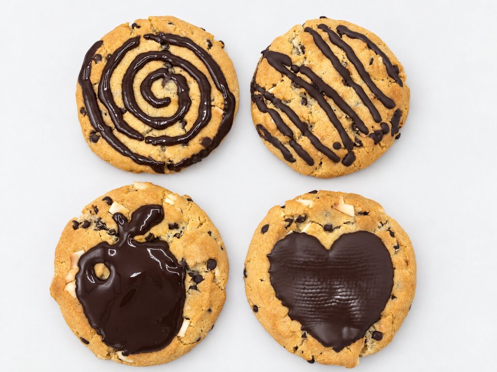 Four cookies with dark chocolate shapes seen from above: spiral, lines, apple, heart