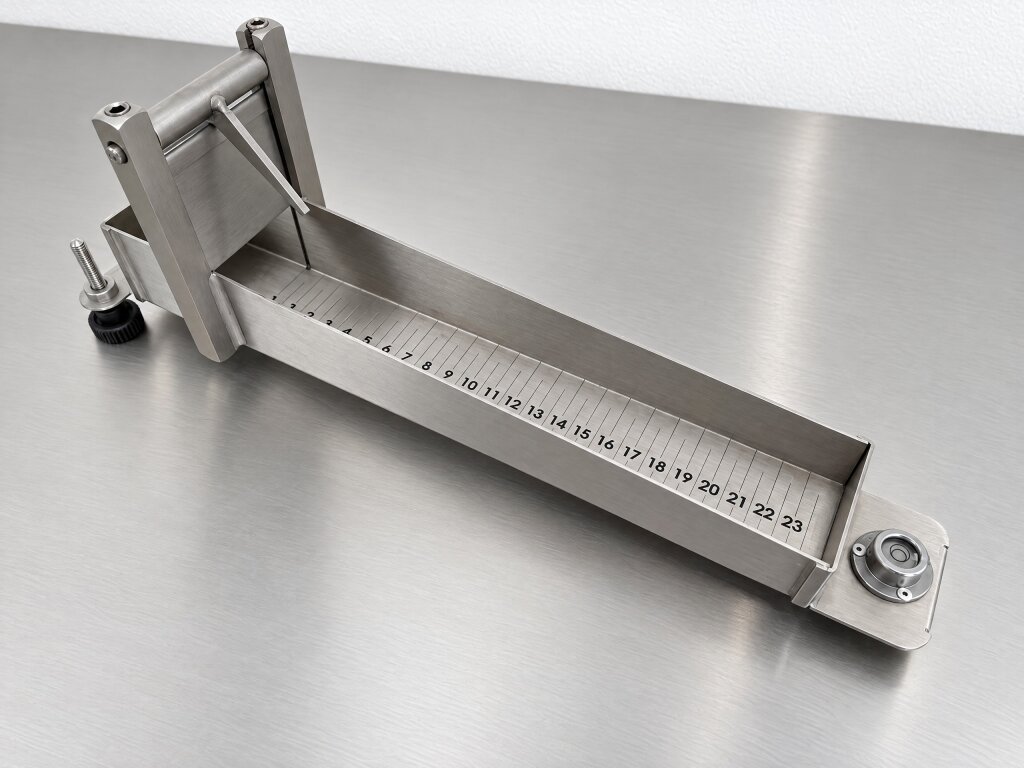 Stainless steel Bostwick consistometer with a 0 to 23 scale, used to test how far a product flows