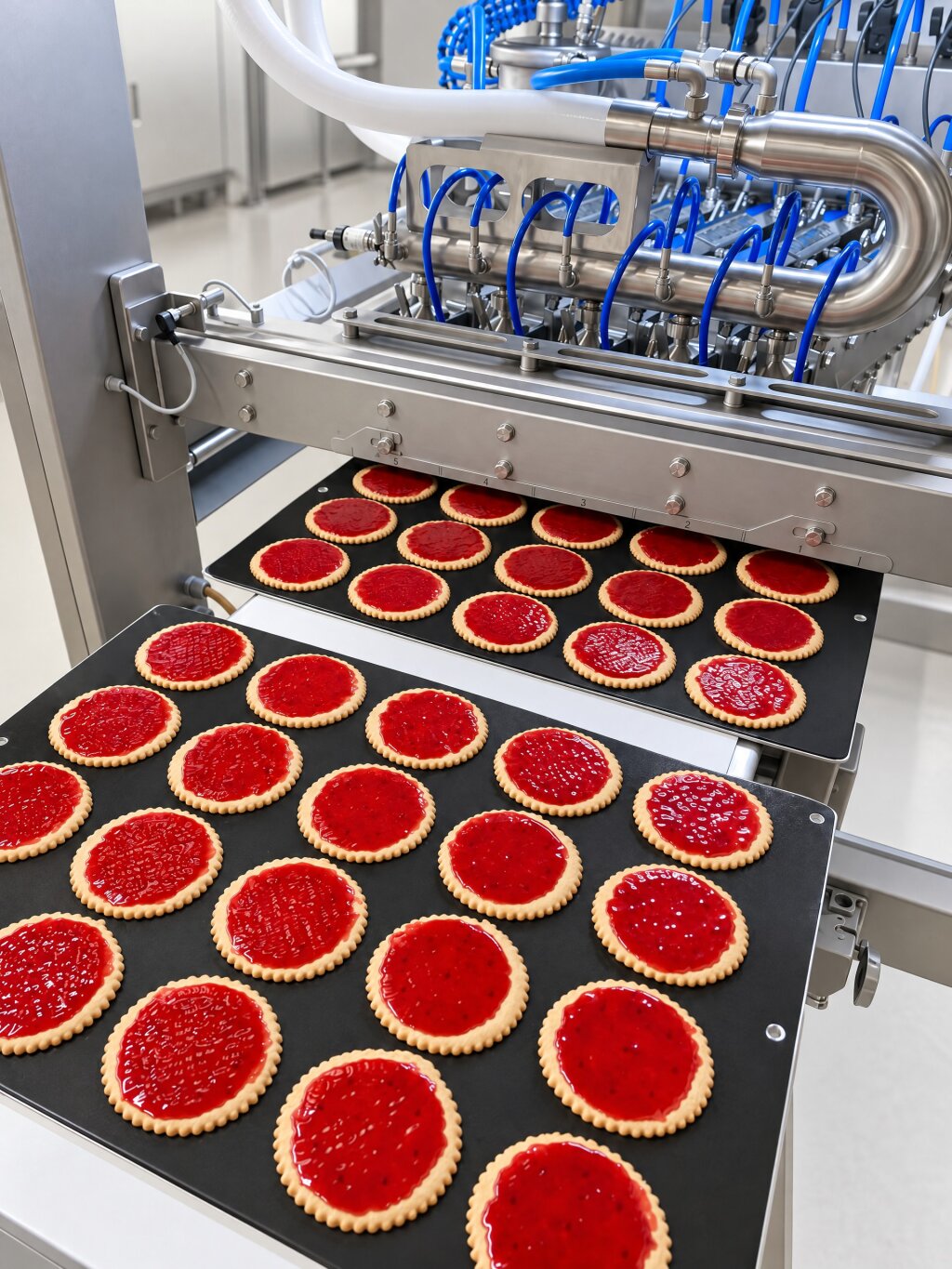 Jam tarts on trays under a FoodJet depositing head