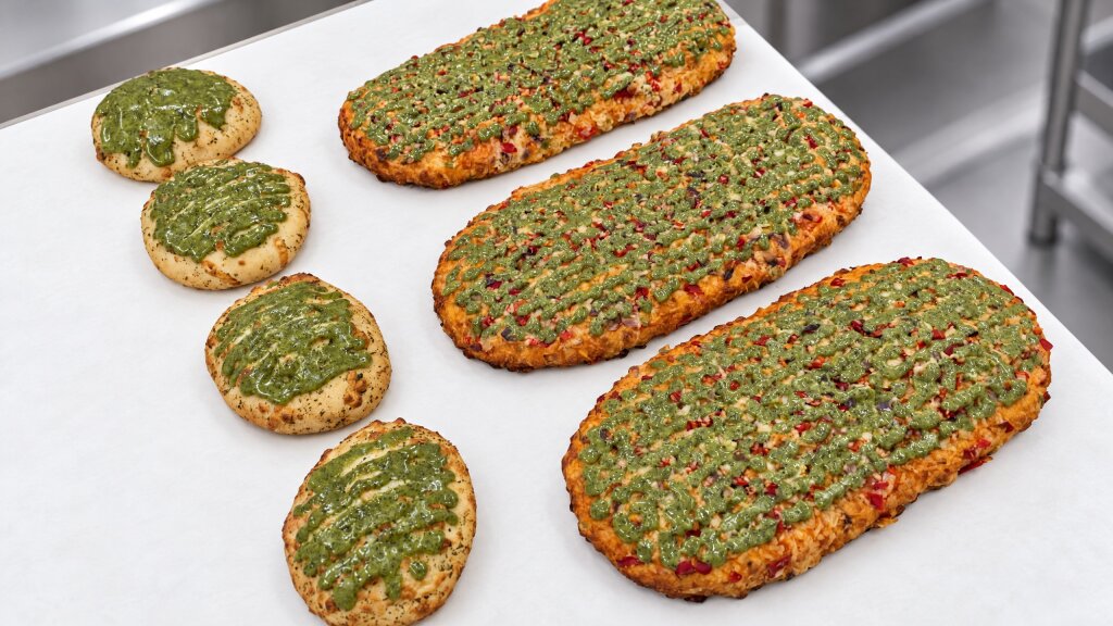 Small round breads and oval vegetable pizzas with lines of green pesto deposited on top