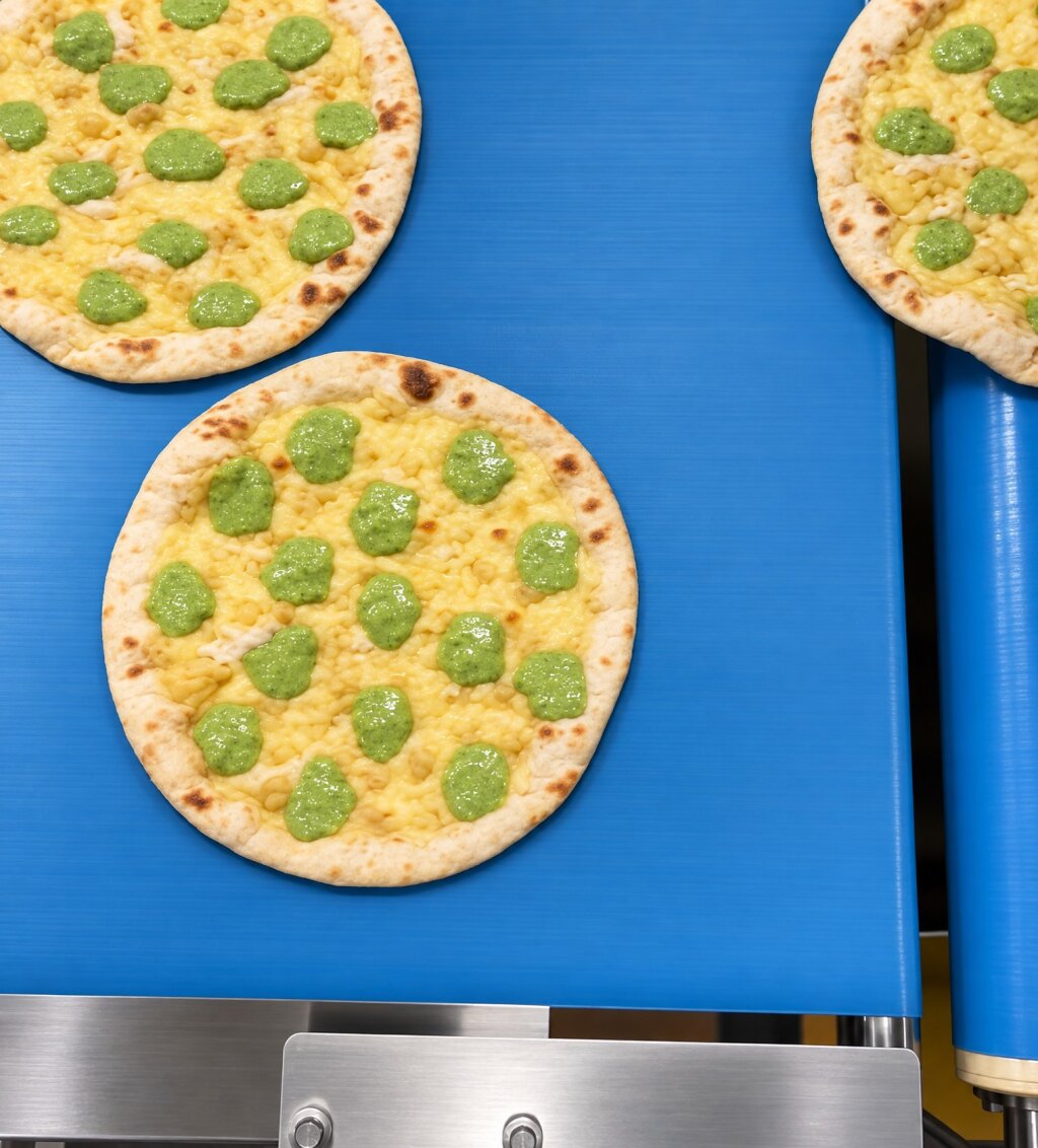 Pizza base with green sauce dots