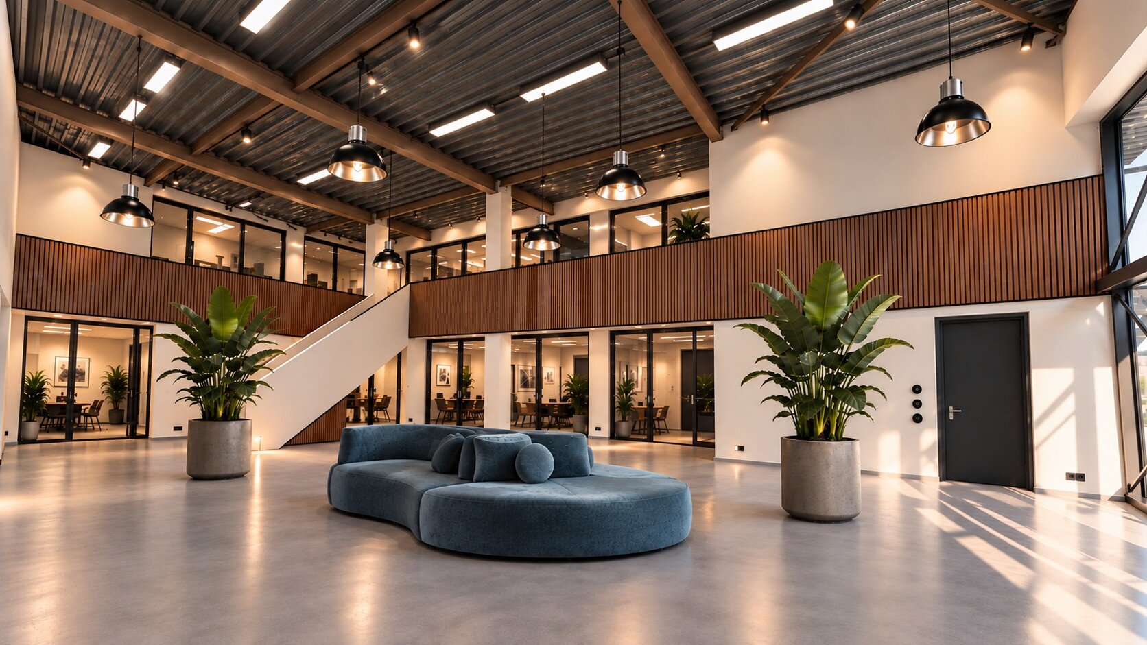 Lobby with wooden slat walls, a concrete floor, a curved blue sofa and large plants