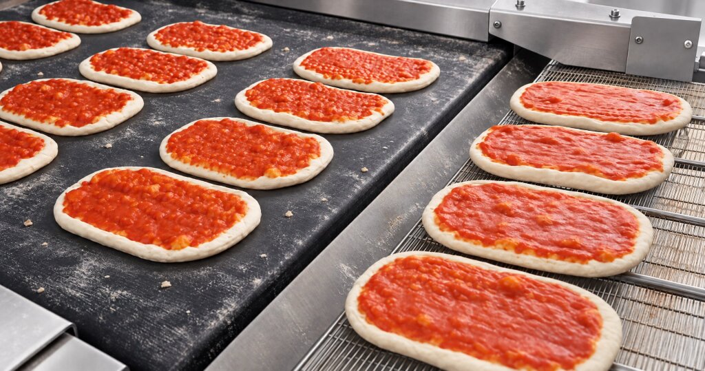 Oval pizza bases with tomato sauce on a dark belt and on a wire mesh conveyor
