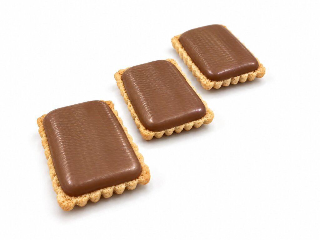 Three rectangular biscuits with a satin milk chocolate compound layer inside the scalloped edge