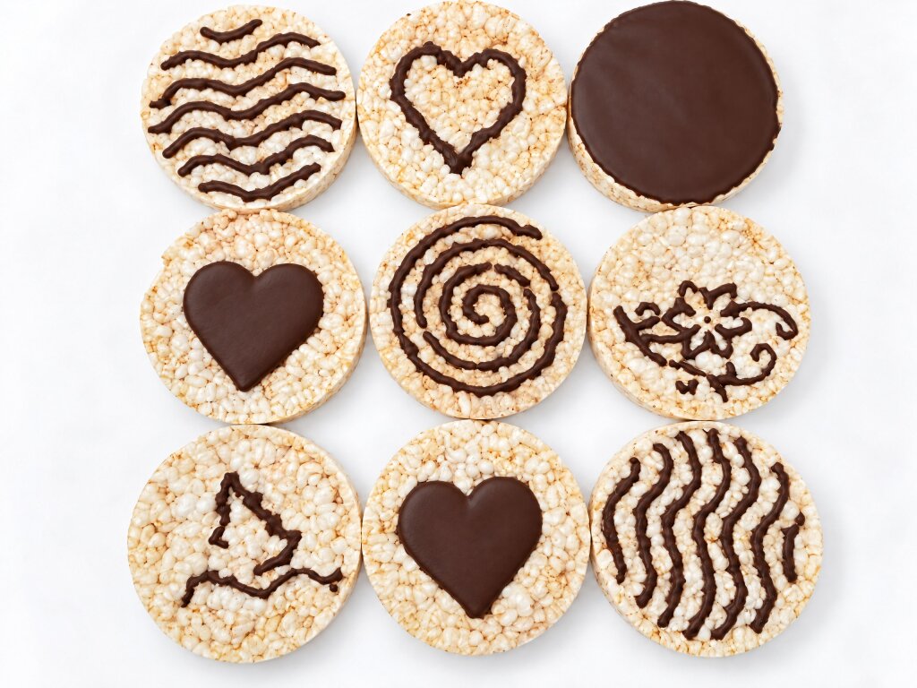 Nine rice cakes decorated with dark chocolate compound: waves, hearts, a spiral, a flower and a full top layer