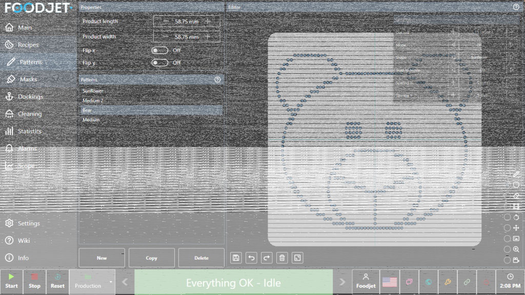 Pattern editor in the FoodJet Control Platform with a custom dot pattern in the shape of a bear face